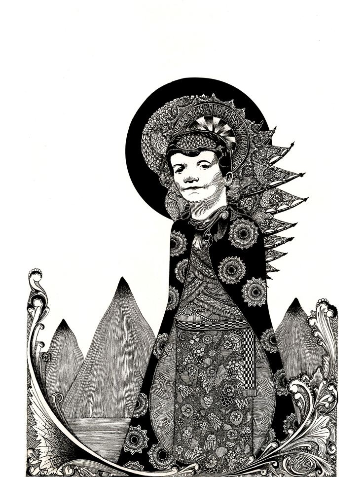 Black and white ink drawing of a young boy in a heavily patterned cloak against a backdrop of mountains.